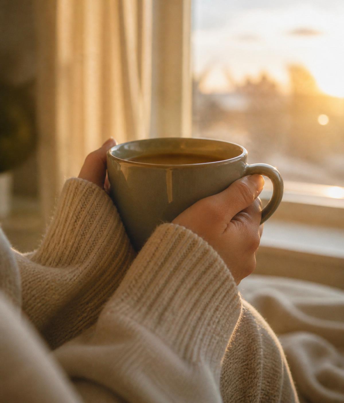 Hands cradling a warm mug at sunrise